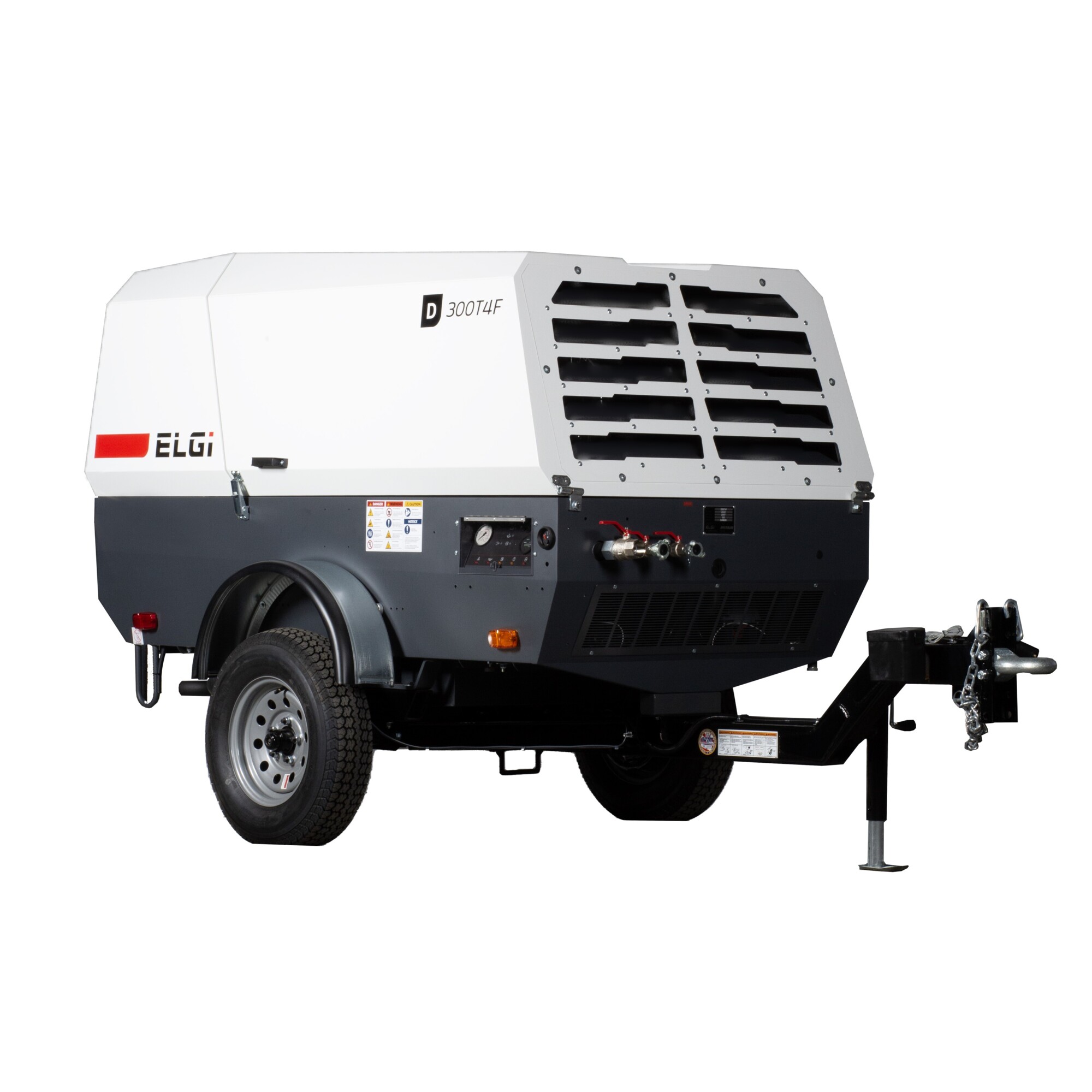 ELGi Trailer Mount Portable Rotary Air Compressor, 73.6 HP, Diesel Kubota Engine, 290 cfm, Model #D300T4F-P